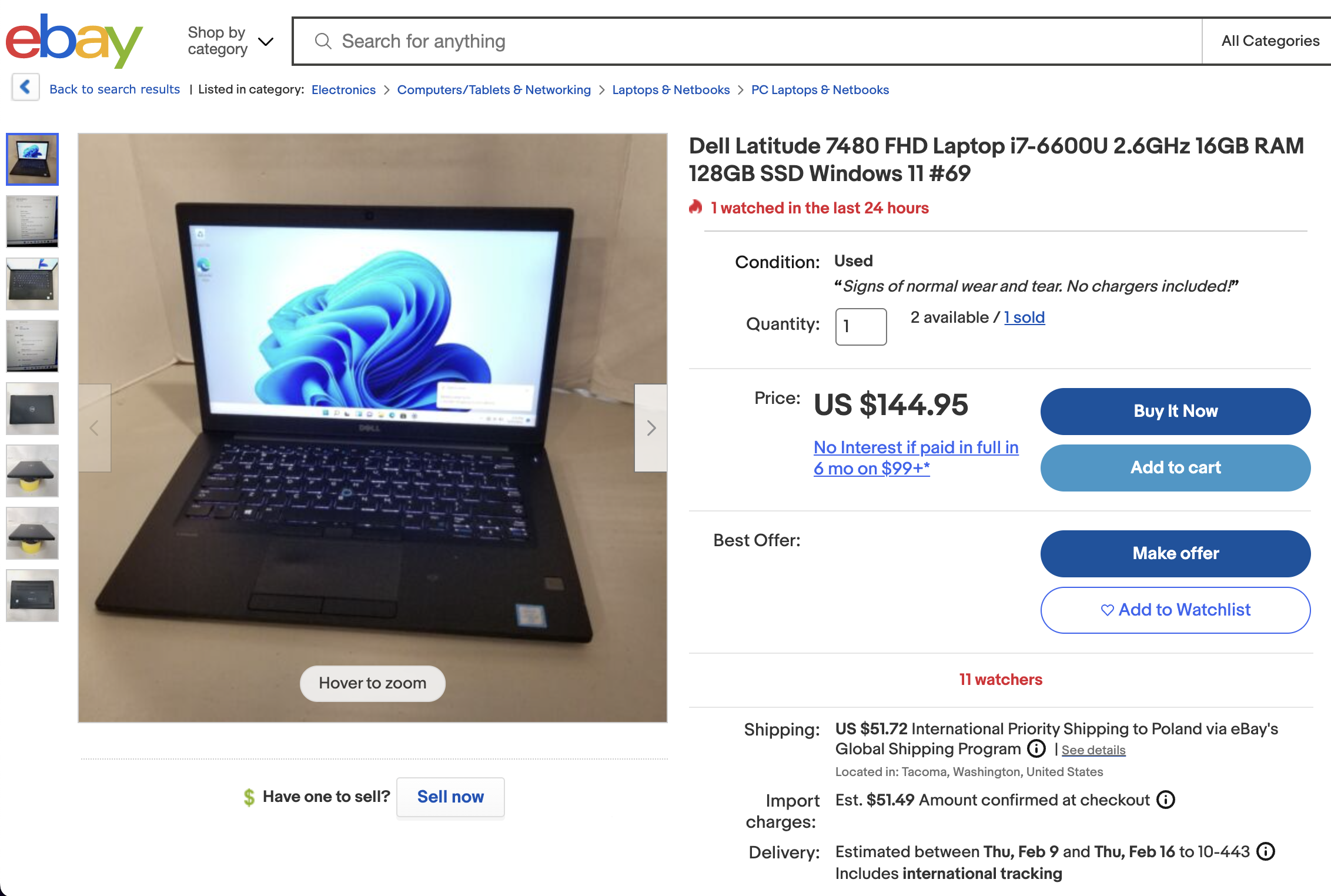 Ebay screenshot of a laptop