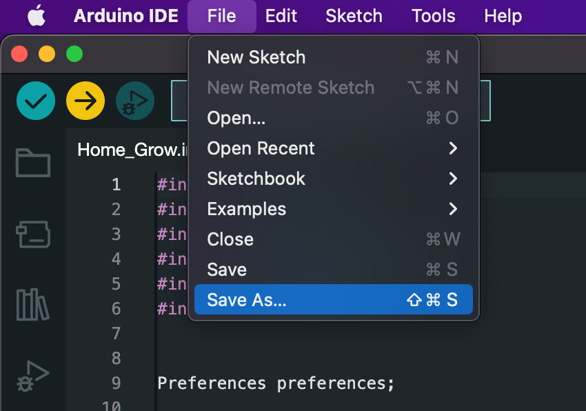 arduino ide context menu file save as
